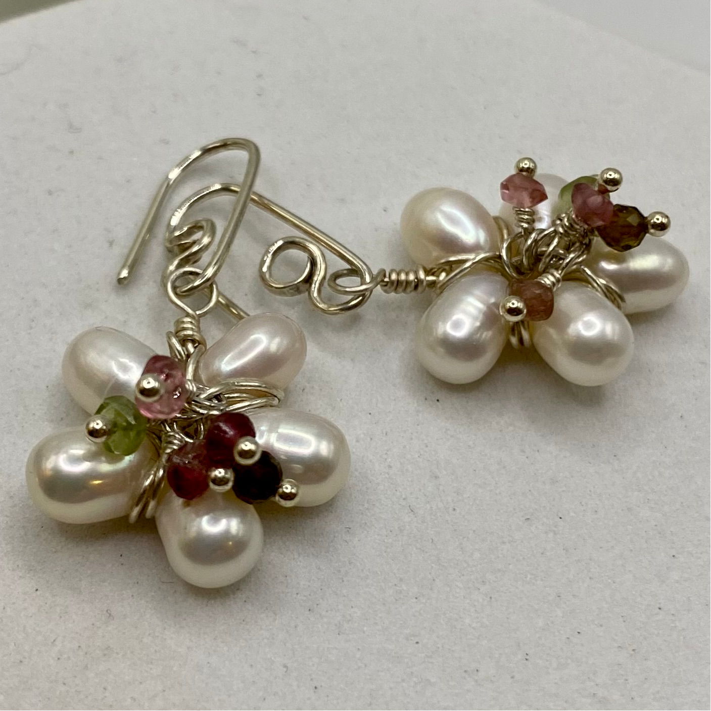 Pearl & Watermelon Tourmaline Flower Earrings by Hip Chick Glass, Sterling Silver Wire Wrap Earrings, Handmade Gemstone Jewelry, June Birthstone