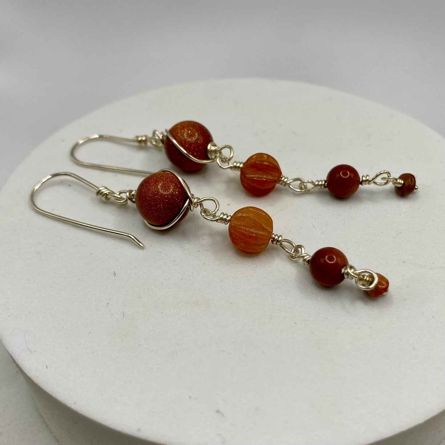 Long Boho Orange Gemstone Earrings by Hip Chick Glass, Sterling Silver Earrings, Handmade Gemstone Jewelry, Goldstone, Carnelian, Unakite