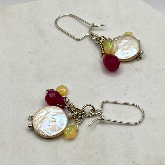 Coin Pearl, Ethiopian Opal, Chalcedony & Tourmaline Earrings by Hip Chick Glass, Sterling Silver Earrings, Handmade Gemstone Jewelry, Birthstone Gift