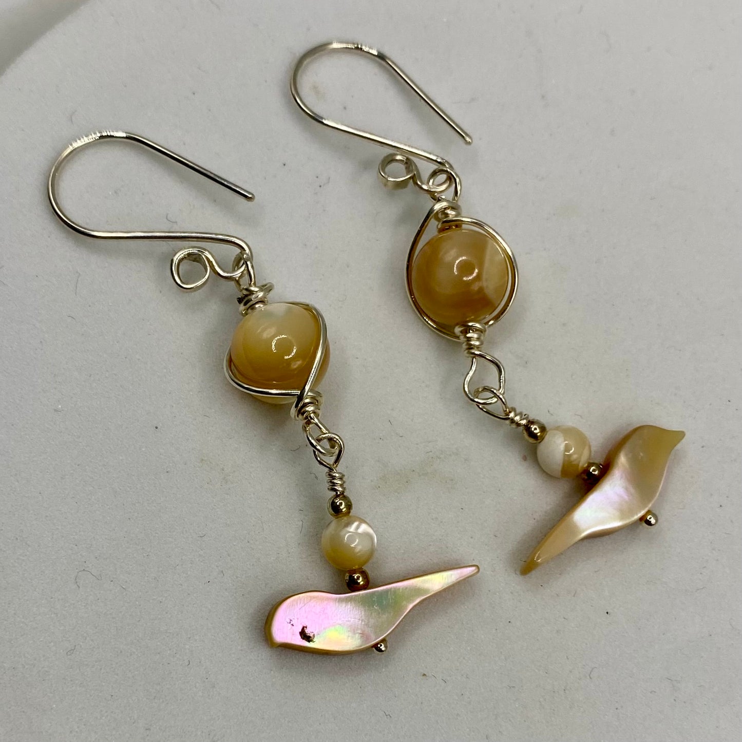 Abalone, Mother of Pearl Long Bird Earrings by Hip Chick Glass, Handmade Sterling Silver Earrings, Silver Gemstone Jewelry