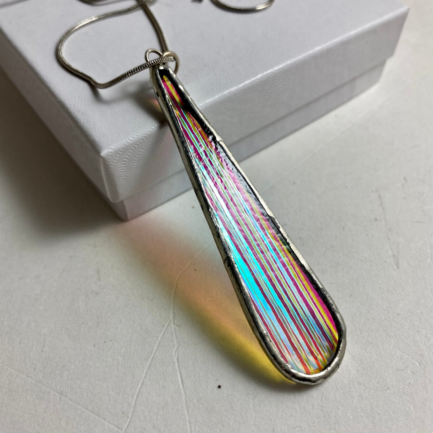 Iridescent Teardrop Necklace | Iridescent Glass Necklace by Hip Chick Glass, Handmade Silver Pendant Necklace, Dichroic Glass Pendant Necklace, Handmade Jewelry