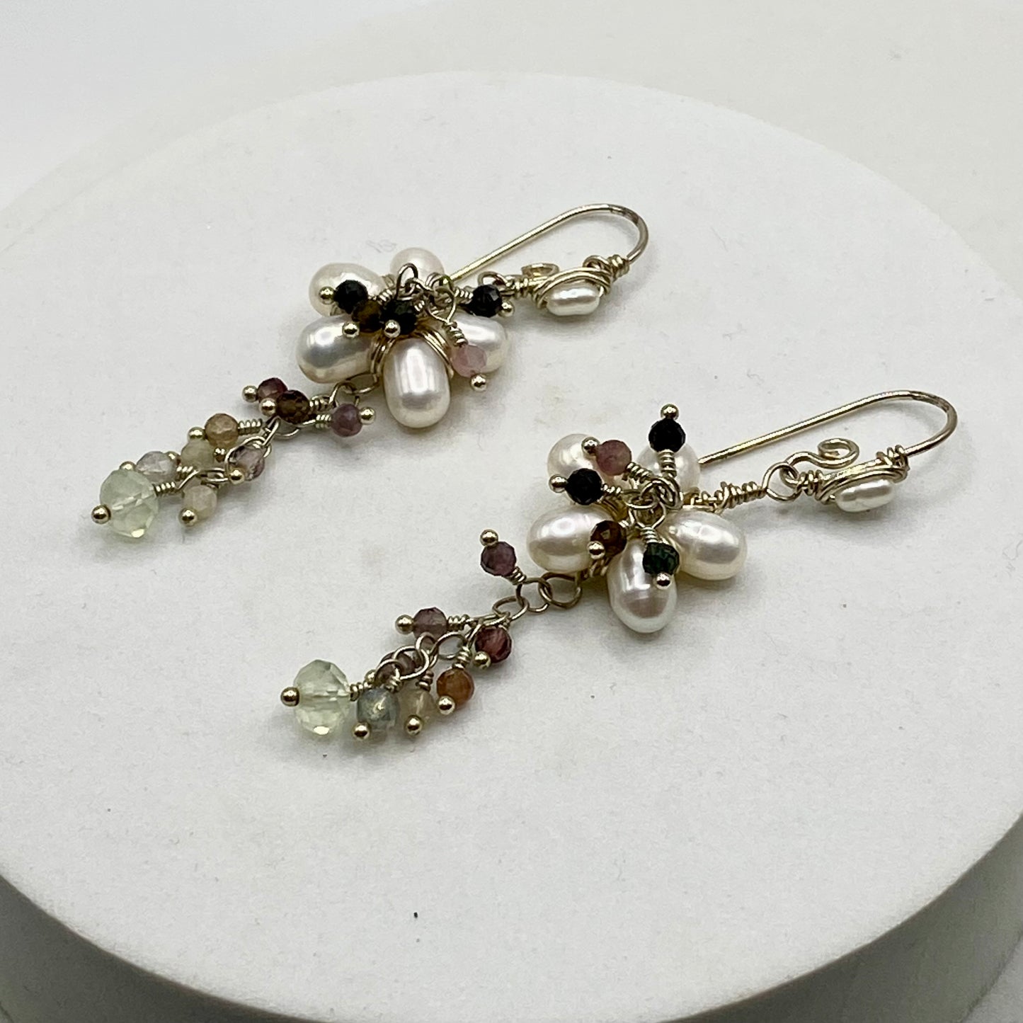 Pearl, Prenite & Watermelon Tourmaline Flower Earrings by Hip Chick Glass, Sterling Silver Wire Wrap Earrings, Handmade Gemstone Jewelry, June Birthstone Gift