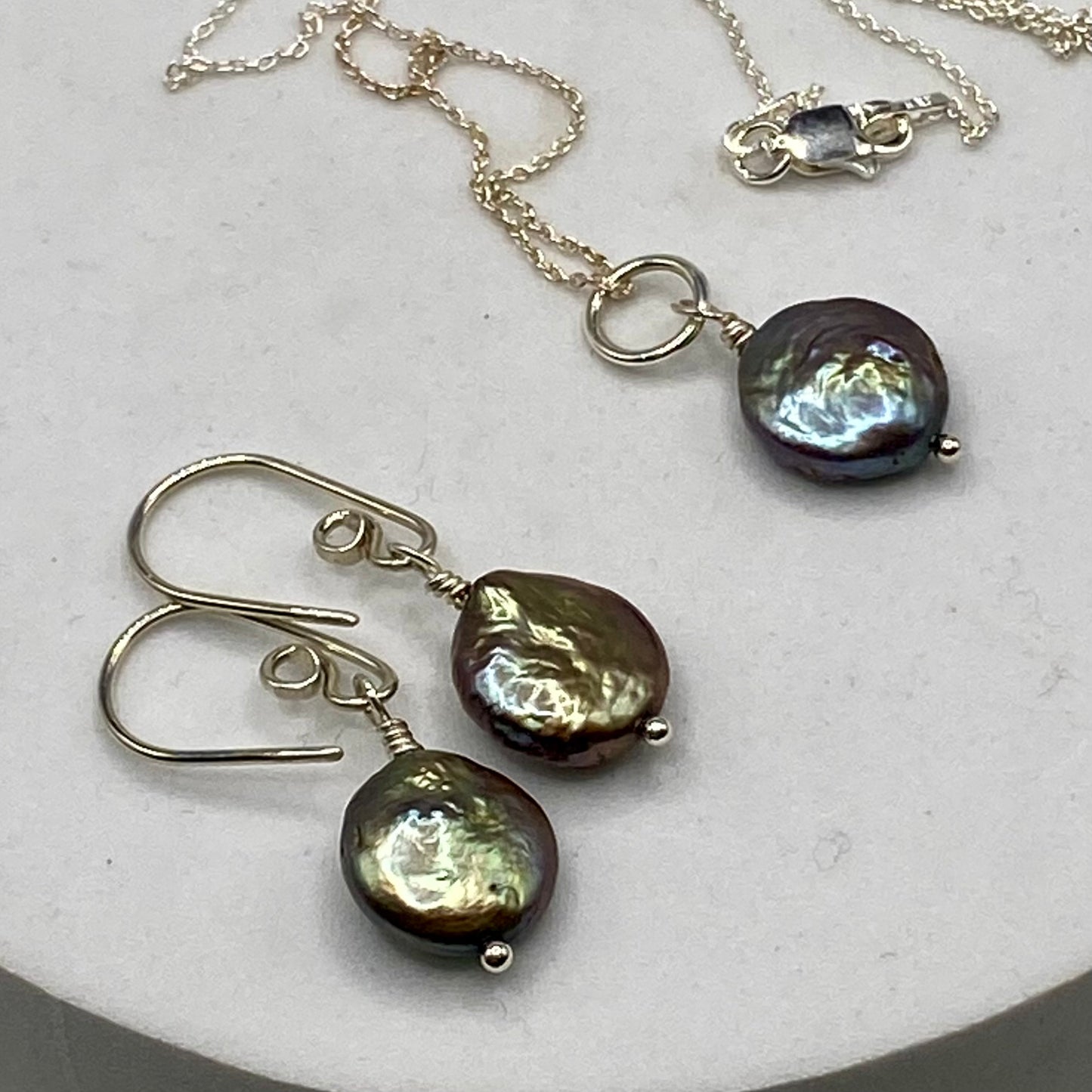 Black Coin Pearl Necklace Earring Set by Hip Chick Glass, Handmade Sterling Silver Jewelry, Handmade Pearl Jewelry Set, June Birthstone Gift