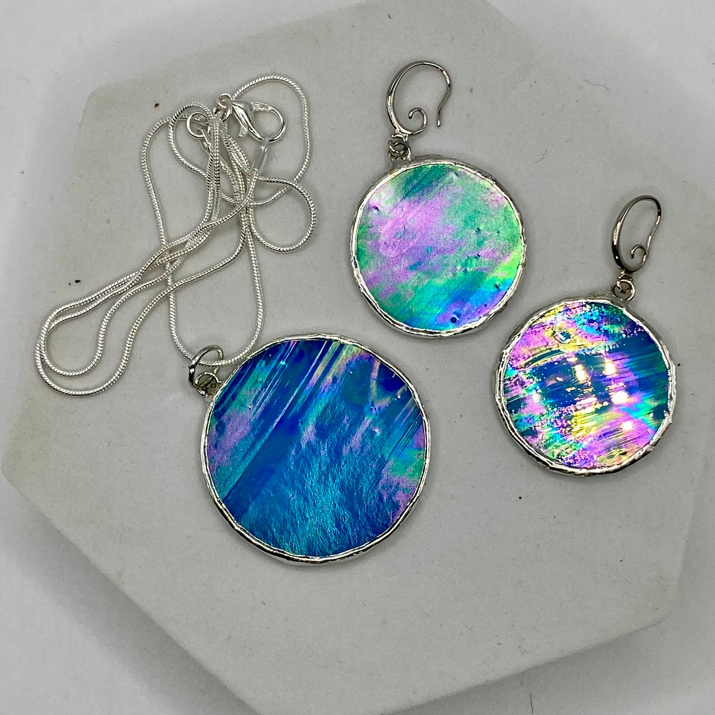 Light Blue Circle Stained Glass Jewelry Set by Hip Chick Glass, Stained Glass Necklace Stained Glass Earrings
