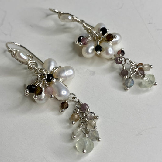 Pearl, Prenite & Watermelon Tourmaline Flower Earrings by Hip Chick Glass, Sterling Silver Wire Wrap Earrings, Handmade Gemstone Jewelry, June Birthstone