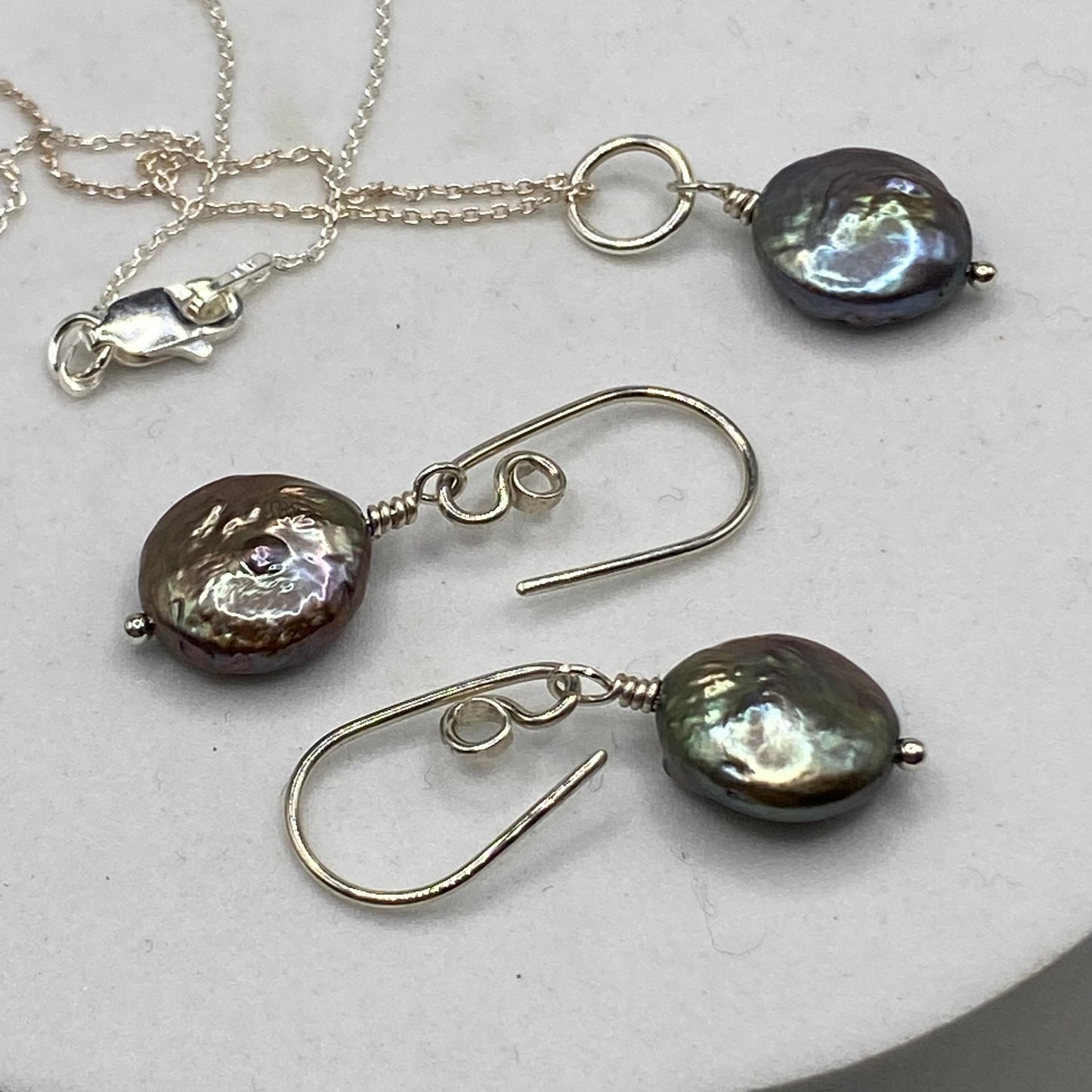 Black Coin Pearl Necklace Earring Set by Hip Chick Glass, Handmade Sterling Silver Jewelry, Handmade Pearl Jewelry Set, June Birthstone Gift