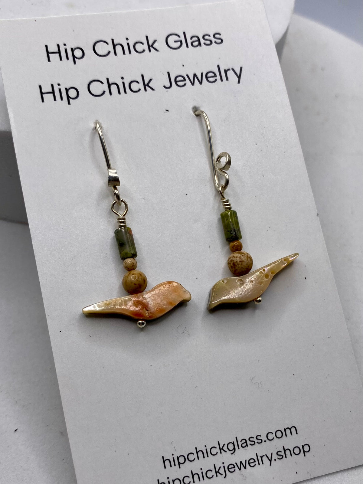 Abalone Bird, Picture Jasper, Unakite Earrings by Hip Chick Glass, Handmade Sterling Silver Earrings, Silver Gemstone Jewelry