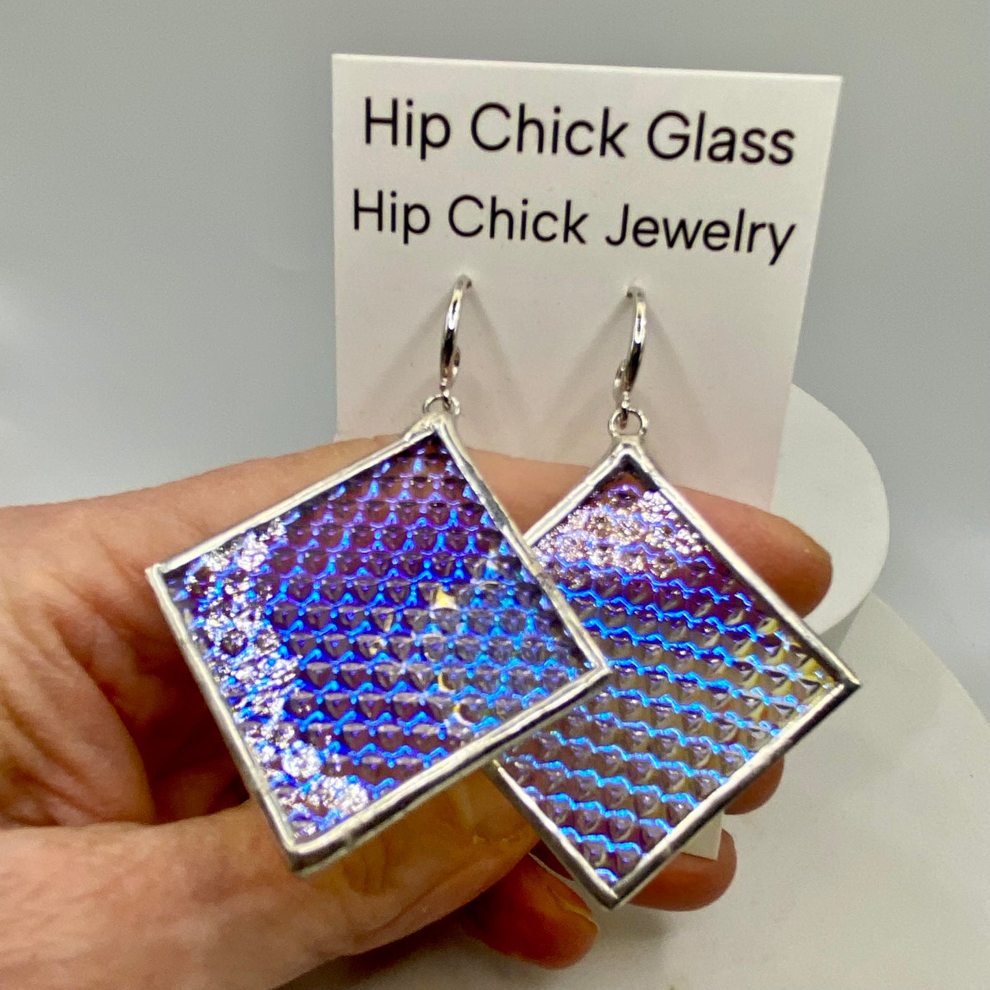 Blue Microdot Square Earrings | Stained Glass Earrings by Hip Chick Glass, Stained Glass Dangle Drop Earrings, Stained Glass Earrings