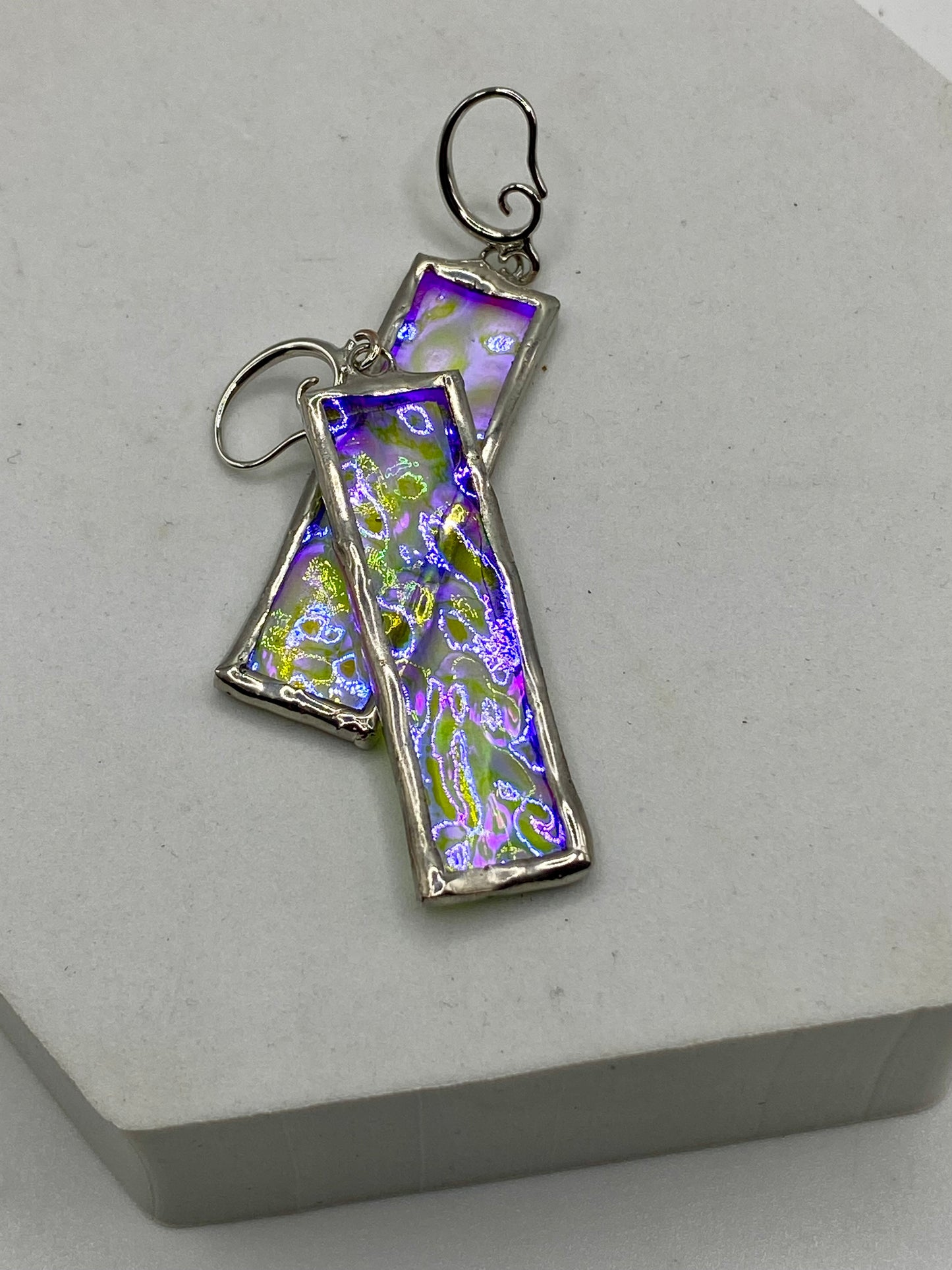 Purple & Clear Wavy Rectangle Earrings | Stained Glass Earrings by Hip Chick Glass, Iridescent Statement Earrings, Geometric Earrings