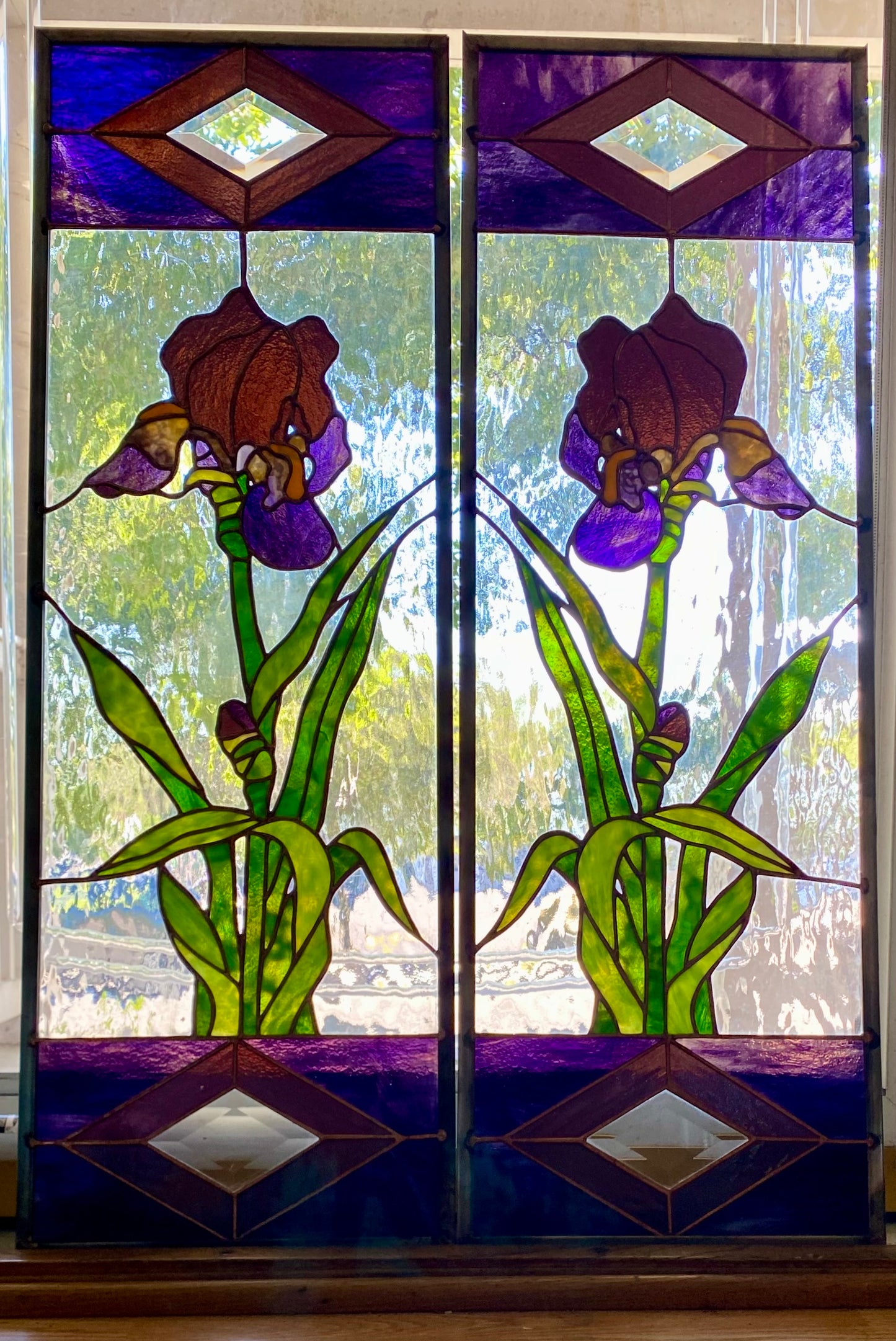 Iris Double Stained Glass Panels by Hip Chick Glass LLC.