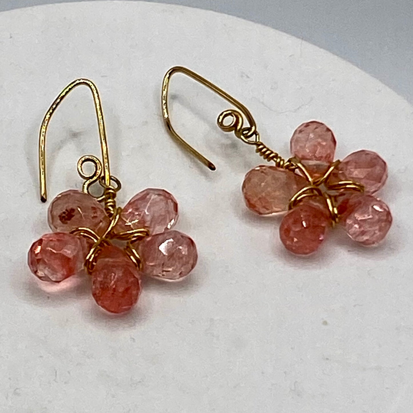 Cherry Quartz Wire Wrap Flower Earrings by Hip Chick Glass, 14 Karat Gold Fill Earrings, Handmade Gemstone Jewelry, Birthstone Gift
