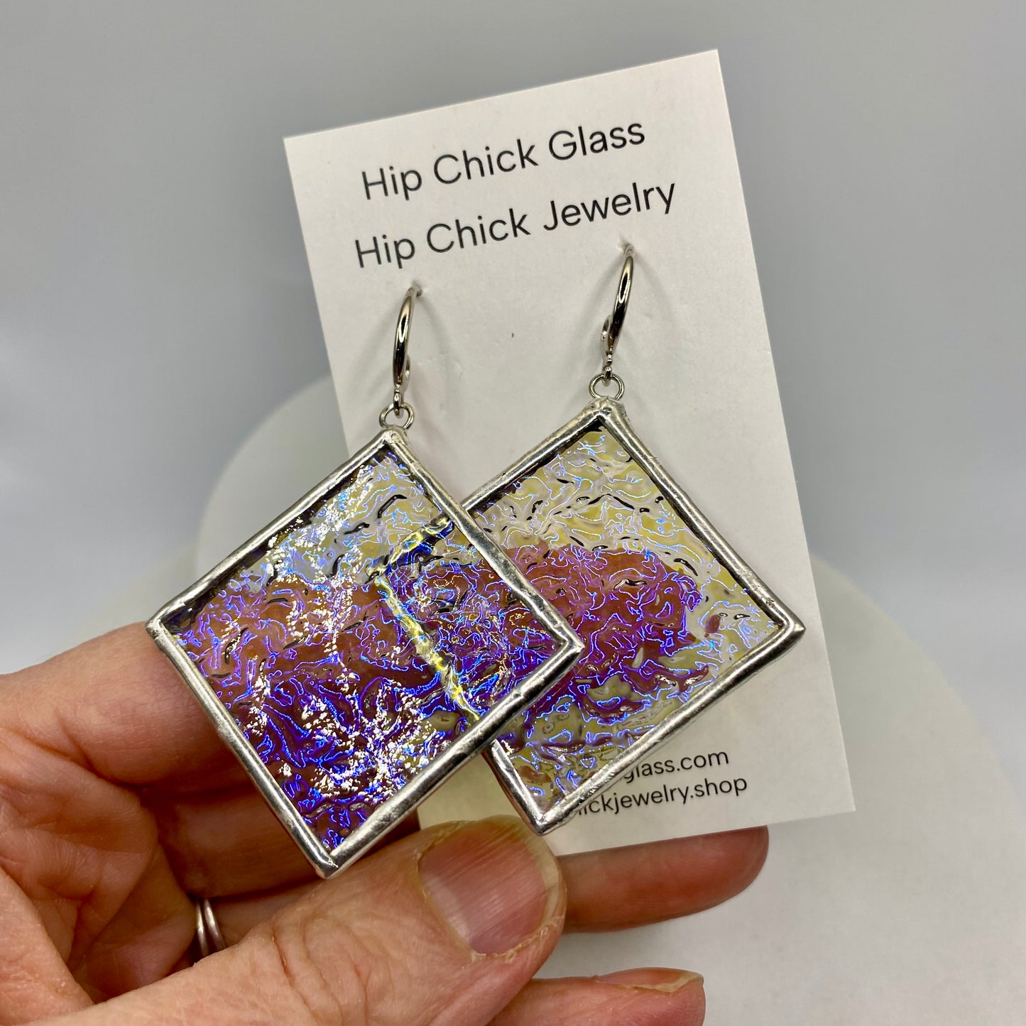 Blue Crinkle Square Earrings | Stained Glass Earrings by Hip Chick Glass, Stained Glass Dangle Drop Earrings, Stained Glass Earrings