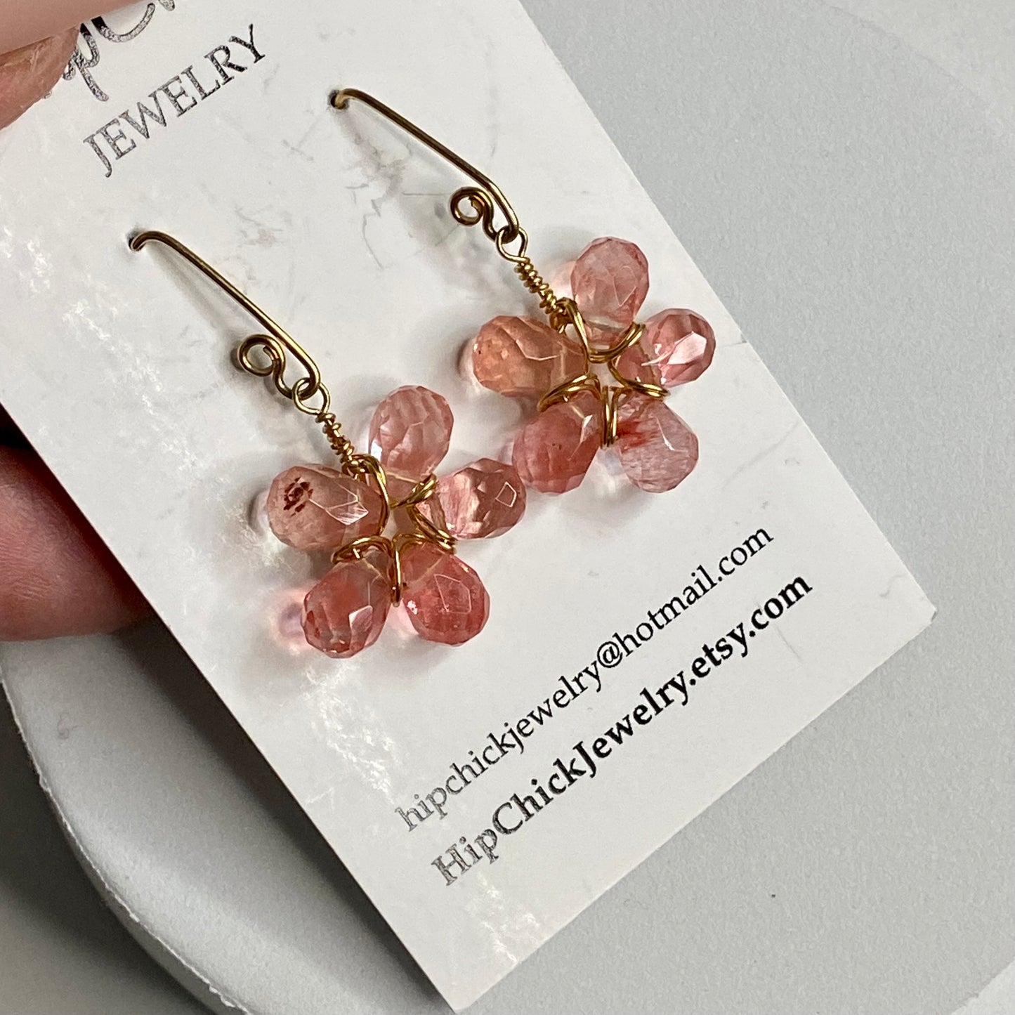 Cherry Quartz Wire Wrap Flower Earrings by Hip Chick Glass, 14 Karat Gold Fill Earrings, Handmade Gemstone Jewelry, Birthstone Gift