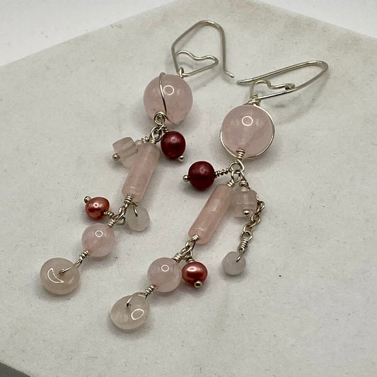 Long Rose Quartz & Pearl Dangle Earrings by Hip Chick Glass, Sterling Silver Earrings, Handmade Gemstone Jewelry, Handmade Jewelry Gift, June Birthstone Earrings