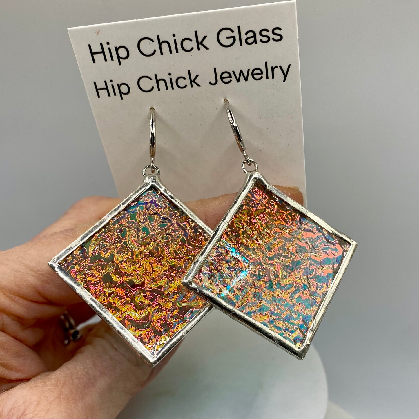 Pink Crinkle Square Earrings | Stained Glass Earrings by Hip Chick Glass, Stained Glass Dangle Drop Earrings, Stained Glass Earrings
