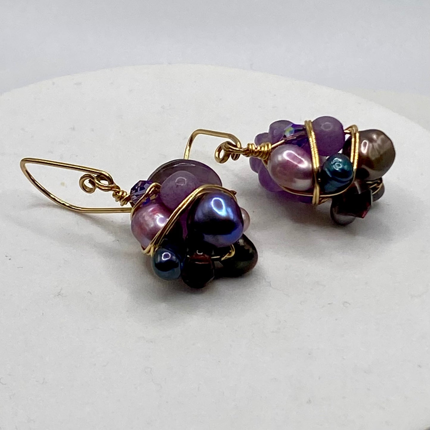 OOAK Gold Wire Wrap Cluster Earrings by Hip Chick Glass, Handmade Amethyst Earrings, Pearl Earrings, Handmade Gemstone Earrings, February Birthstone, June Birthstone, Boho Luxe Earrings