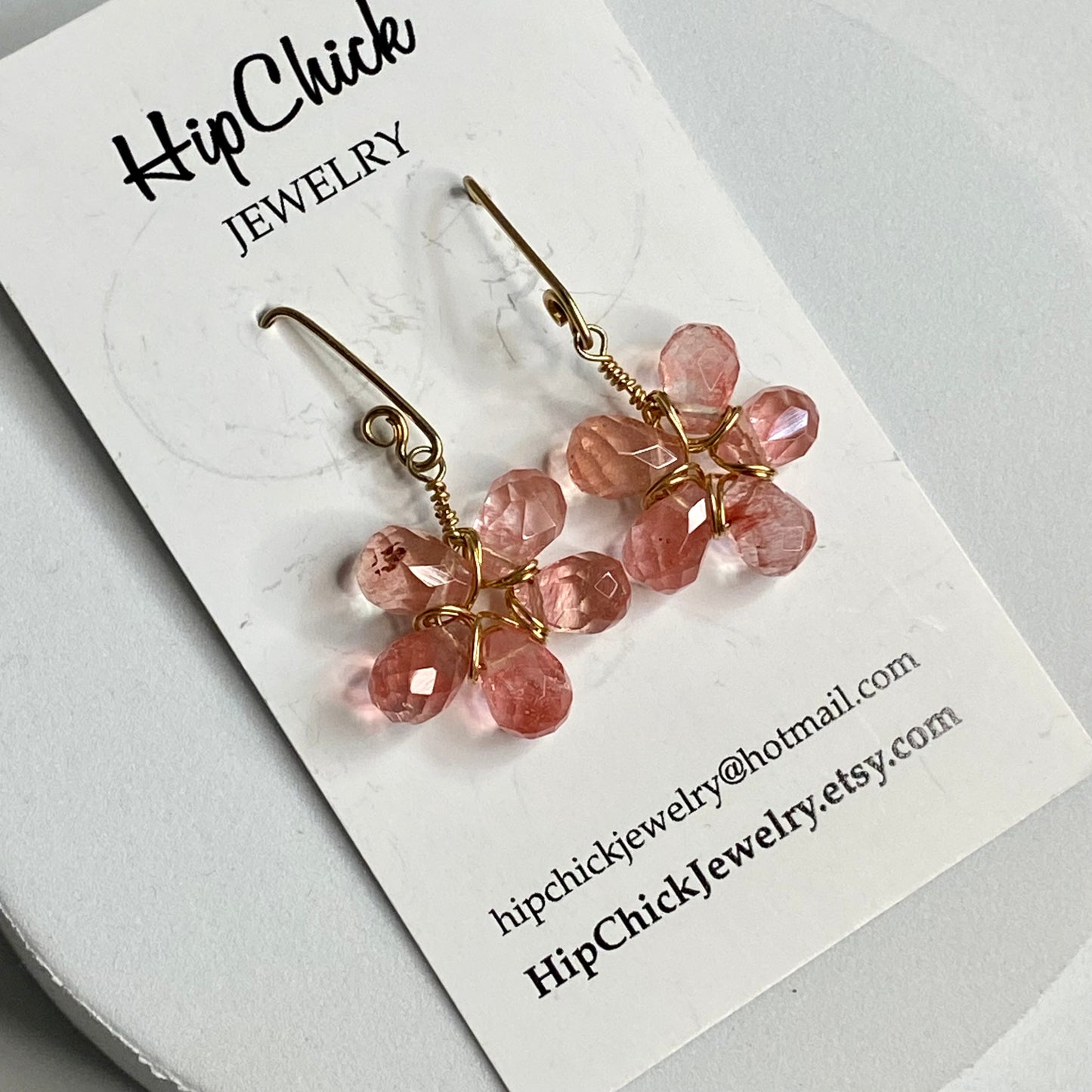 Cherry Quartz Wire Wrap Flower Earrings by Hip Chick Glass, 14 Karat Gold Fill Earrings, Handmade Gemstone Jewelry, Birthstone Gift