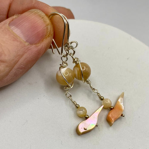 Abalone, Mother of Pearl Long Bird Earrings by Hip Chick Glass, Handmade Sterling Silver Earrings, Silver Gemstone Jewelry