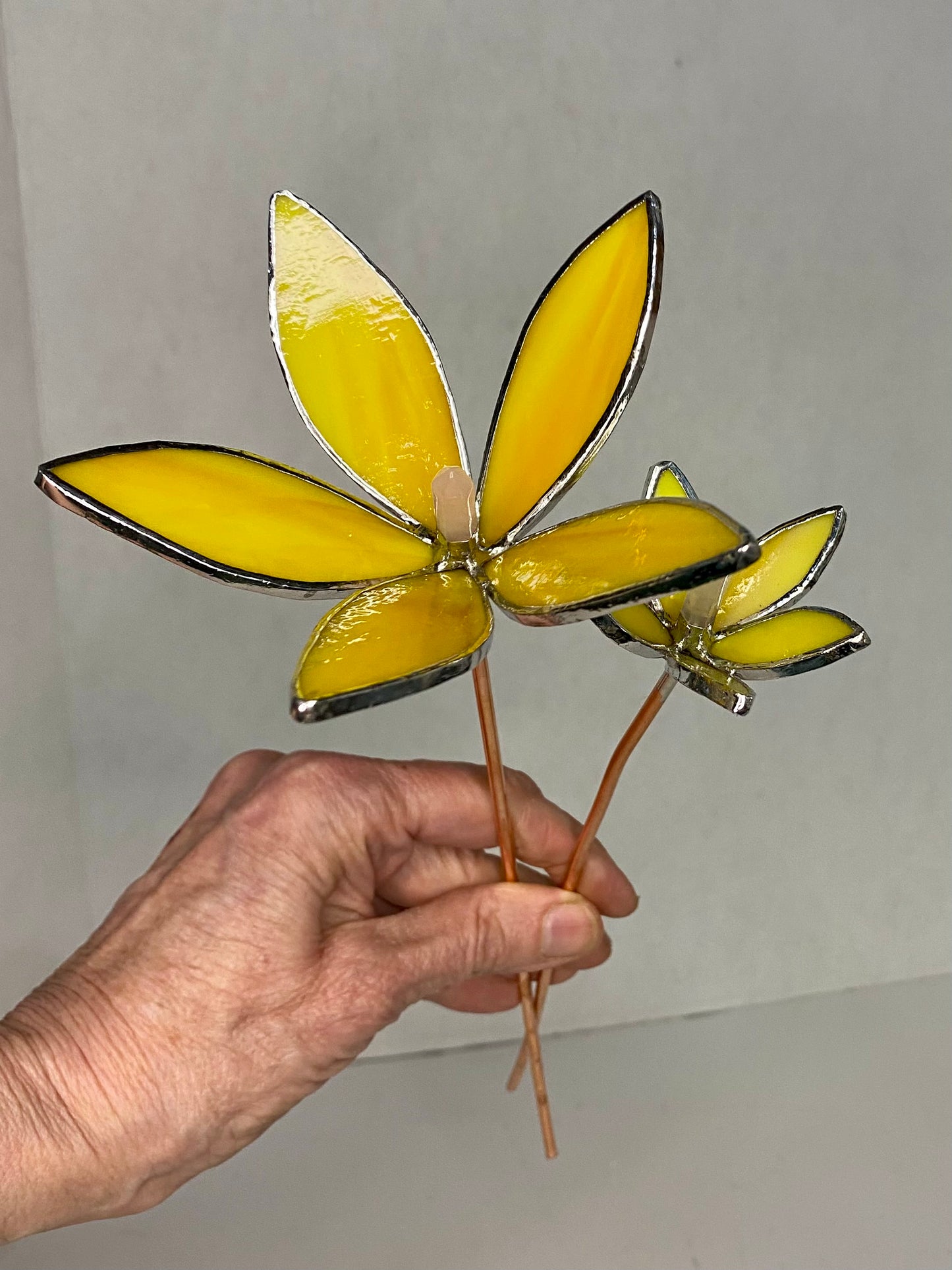 Yellow Glass Flower Plant Stakes by Hip Chick Glass | Stained Glass Flower Bouquet, Glass Flowers with Quartz Crystals on a Stem, Handmade Home Decor, Wedding Bouquet Keepsake, Tabletop Decor