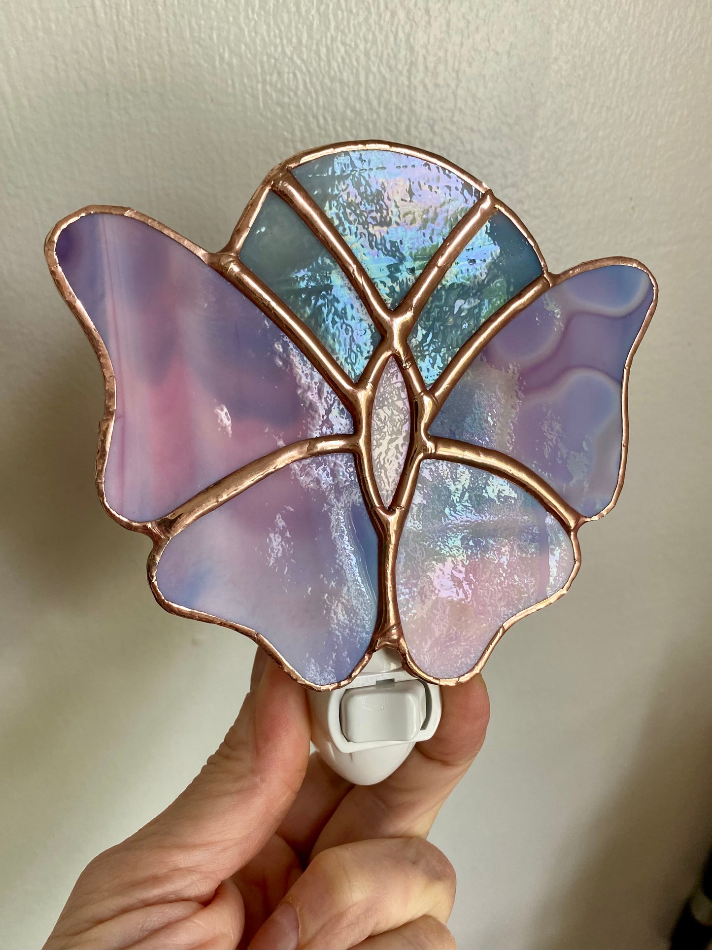 Pink Butterfly Nightlight under a grey moon | Gretchen Shutt | Hip Chick Glass, LLC