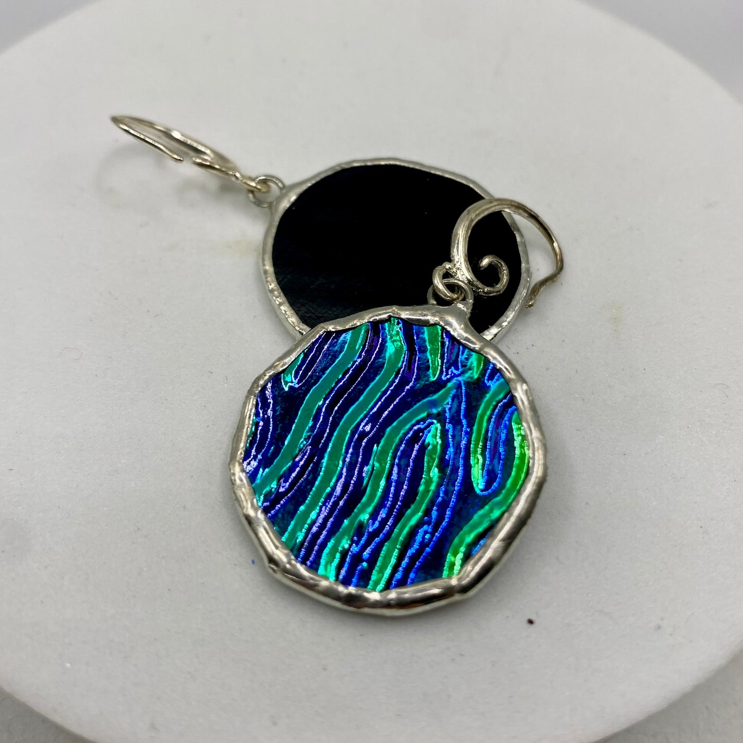 Blue Dichroic Glass Circle Earrings | Stained Glass Earrings by Hip Chick Glass, Stained Glass Dangle Drop Earrings, Stained Glass Earrings