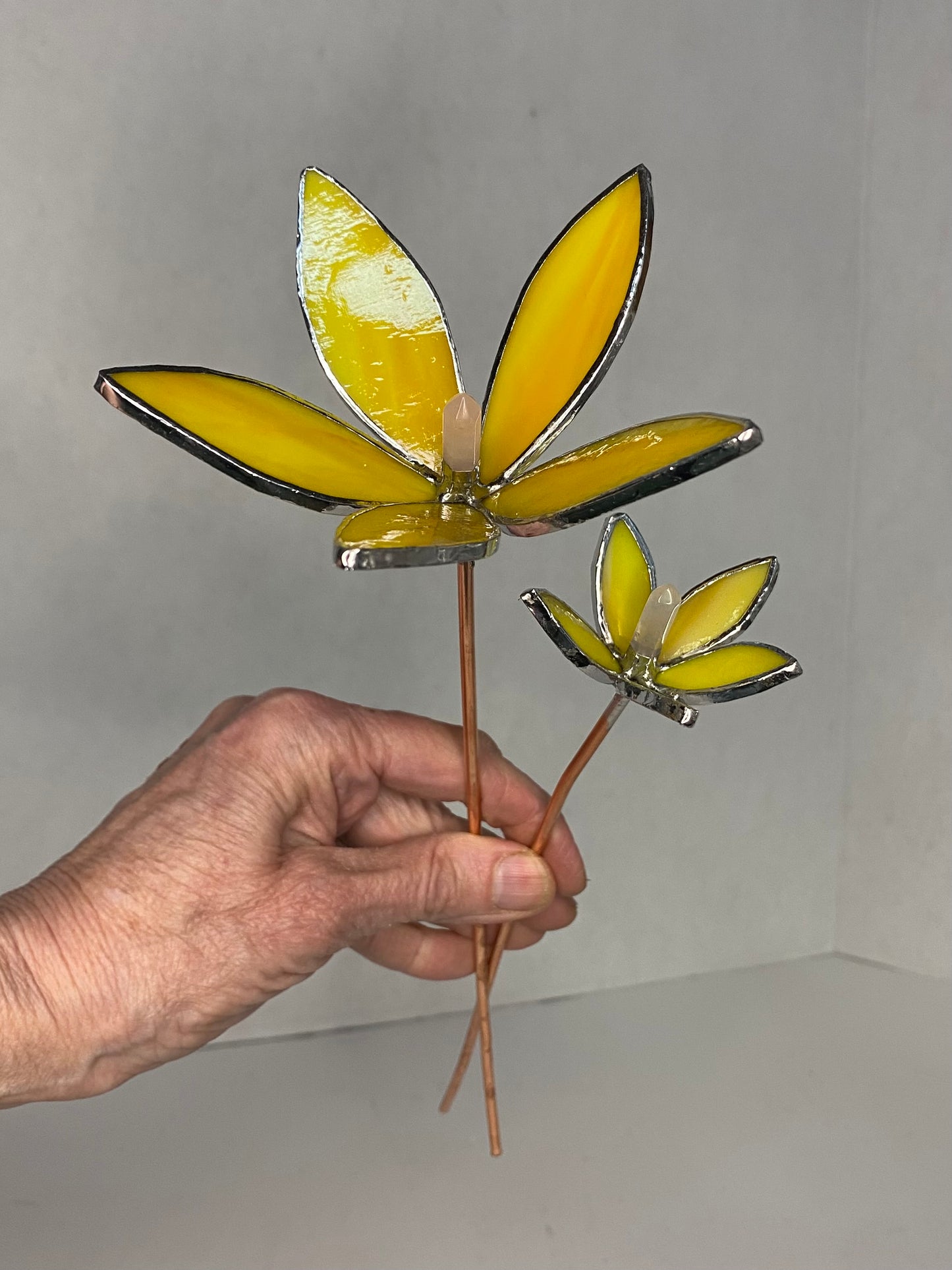 Yellow Glass Flower Plant Stakes by Hip Chick Glass | Stained Glass Flower Bouquet, Glass Flowers with Quartz Crystals on a Stem, Handmade Home Decor, Wedding Bouquet Keepsake, Tabletop Decor