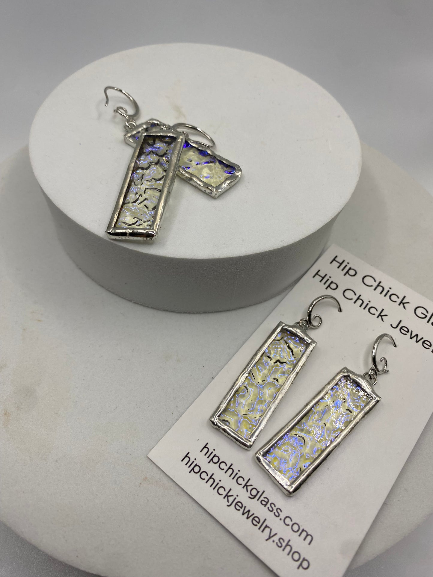 Iridescent Rectangle Earrings | Stained Glass Earrings by Hip Chick Glass, Stained Glass Dangle Drop Earrings, Stained Glass Earrings