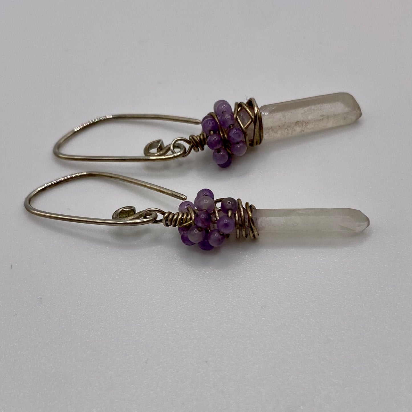 Quartz Crystal Point Earrings with Amethyst Wrapping by Hip Chick Glass, Sterling Silver Earrings, Handmade Gemstone Jewelry, February Birthstone Gift