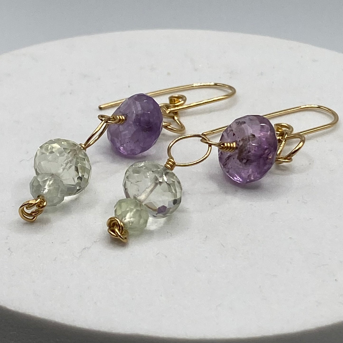 Green & Purple Amethyst Long Dangle Earrings by Hip Chick Glass, Handmade Gold Fill Earrings, Handmade Gemstone Jewelry, February Birthstone Gift