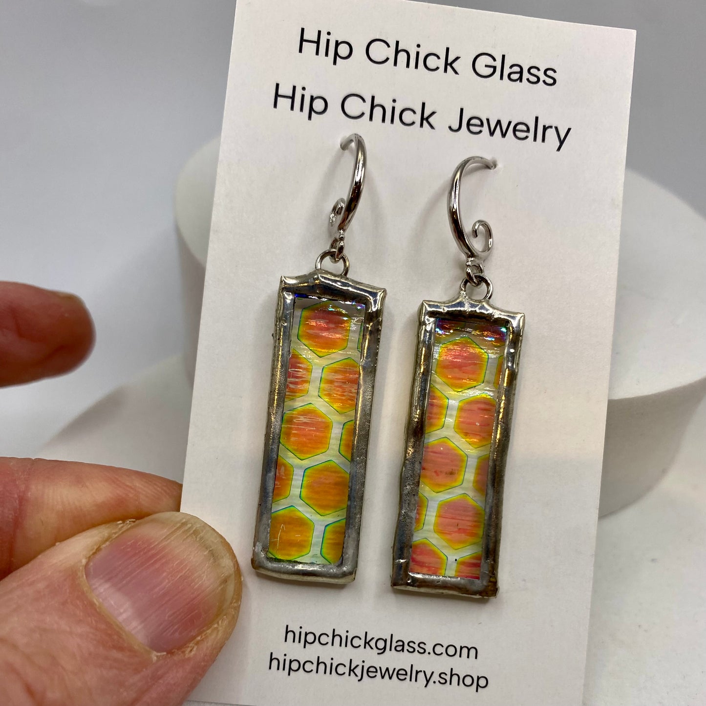 Honeycomb Dichroic Earrings | Stained Glass Earrings by Hip Chick Glass, Iridescent Statement Earrings, Geometric Earrings