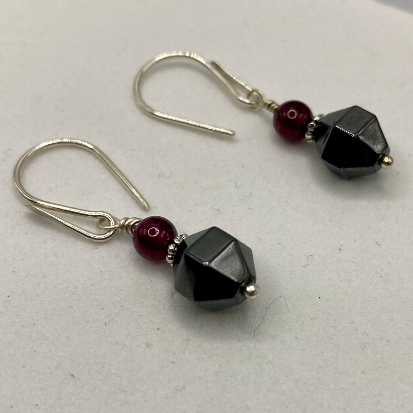 Garnet & Hematite Earrings by Hip Chick Glass, Sterling Silver Earrings, Handmade Gemstone Jewelry, Handmade Jewelry Gift, January Birthstone