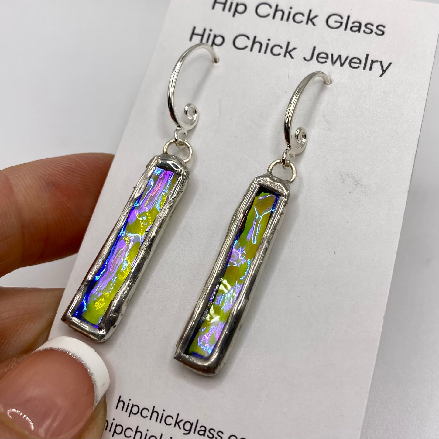 Medium Stick Earrings | Dichroic Glass Earrings by Hip Chick Glass, Handmade Dangle & Drop Earrings, Iridescent Glass Earrings, Handmade Jewelry