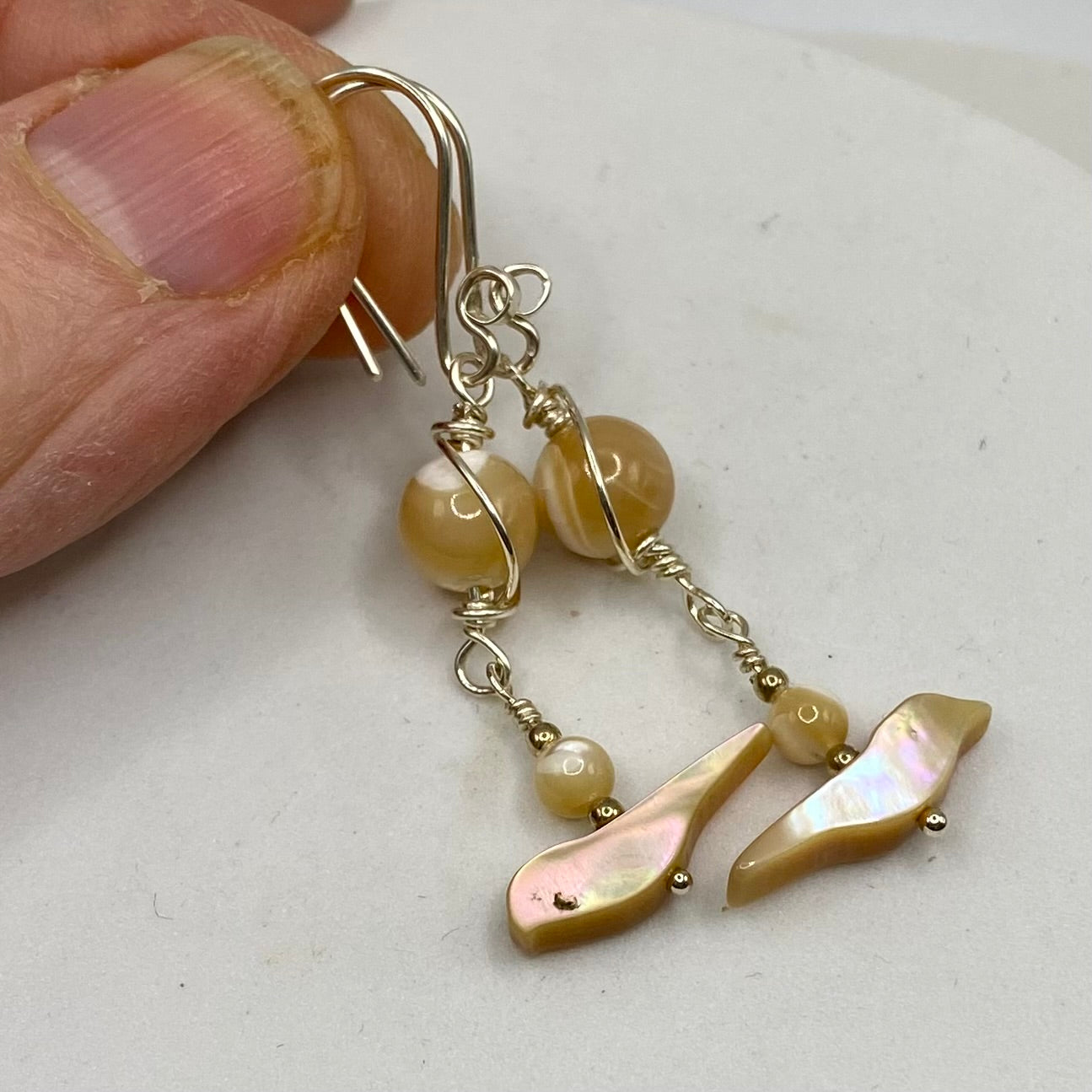 Abalone, Mother of Pearl Long Bird Earrings by Hip Chick Glass, Handmade Sterling Silver Earrings, Silver Gemstone Jewelry