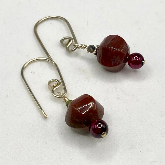 Garnet & Rhodonite Earrings by Hip Chick Glass, Handmade Sterling Silver Earrings, Handmade Boho Jewelry, Handmade Jewelry Gift, January Birthstone Earrings