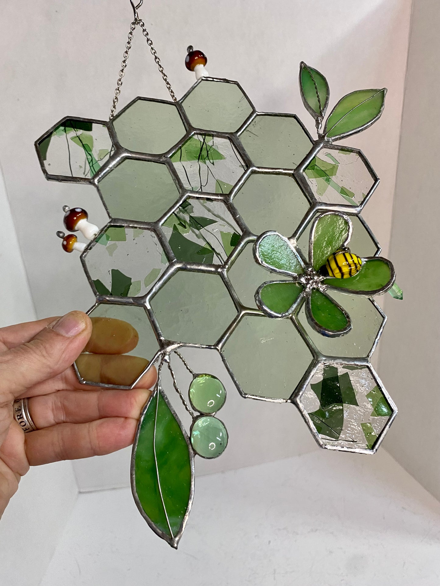 Green Honeycomb with Flower & Bee | Stained Glass Window Panel by Hip Chick Glass, Original Design Handmade Glass Art, Suncatcher