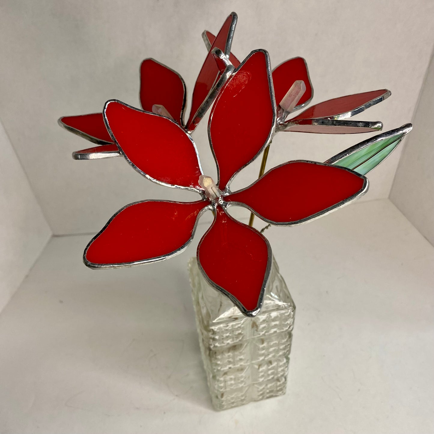 Red Stained Glass Flower Bouquet with Quartz Crystal by Hip Chick Glass, SET of 3