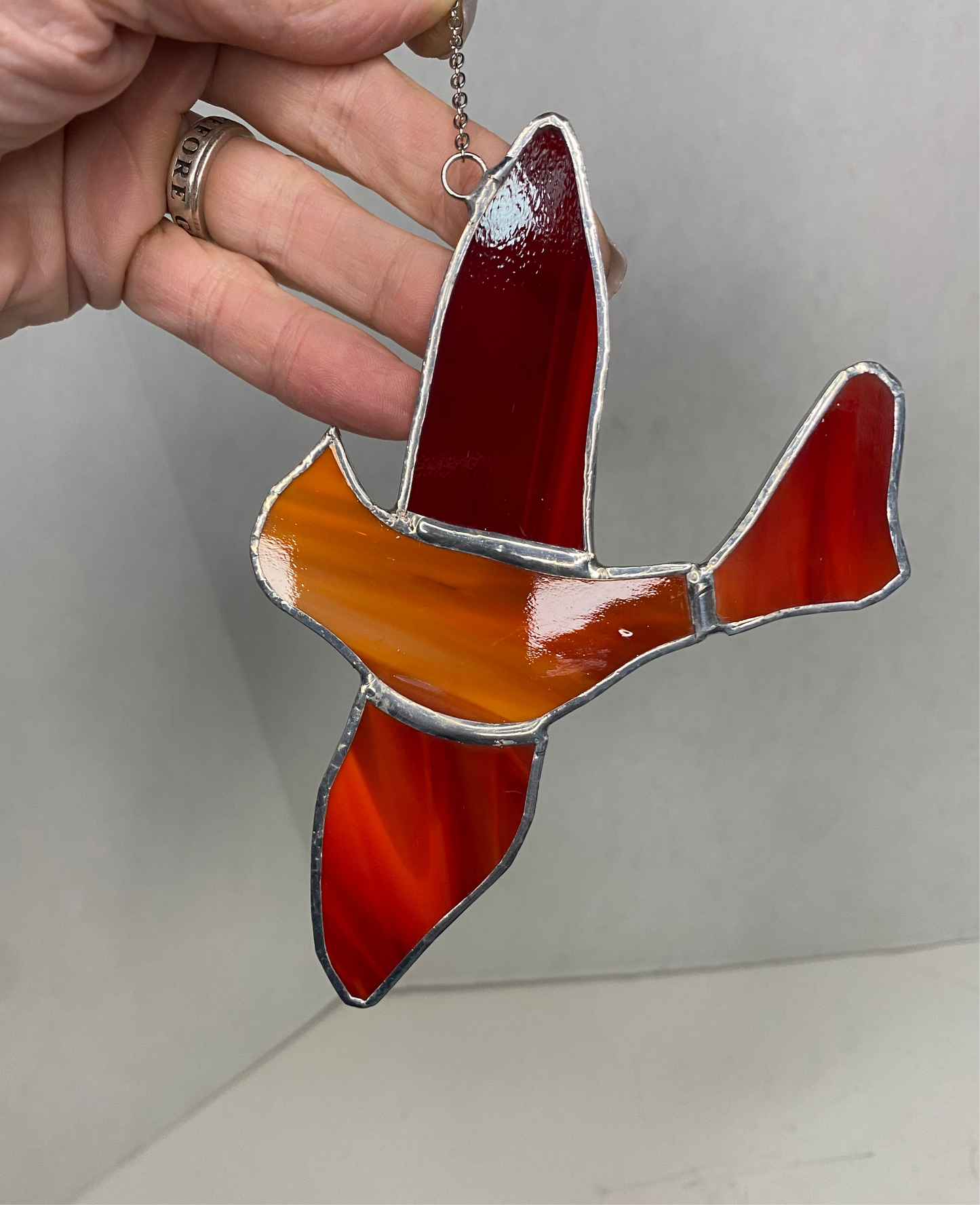 Red Bird Twirling | Stained Glass Suncatcher by Hip Chick Glass, LLC, Glass Sun Catcher, Original Handmade Glass Art