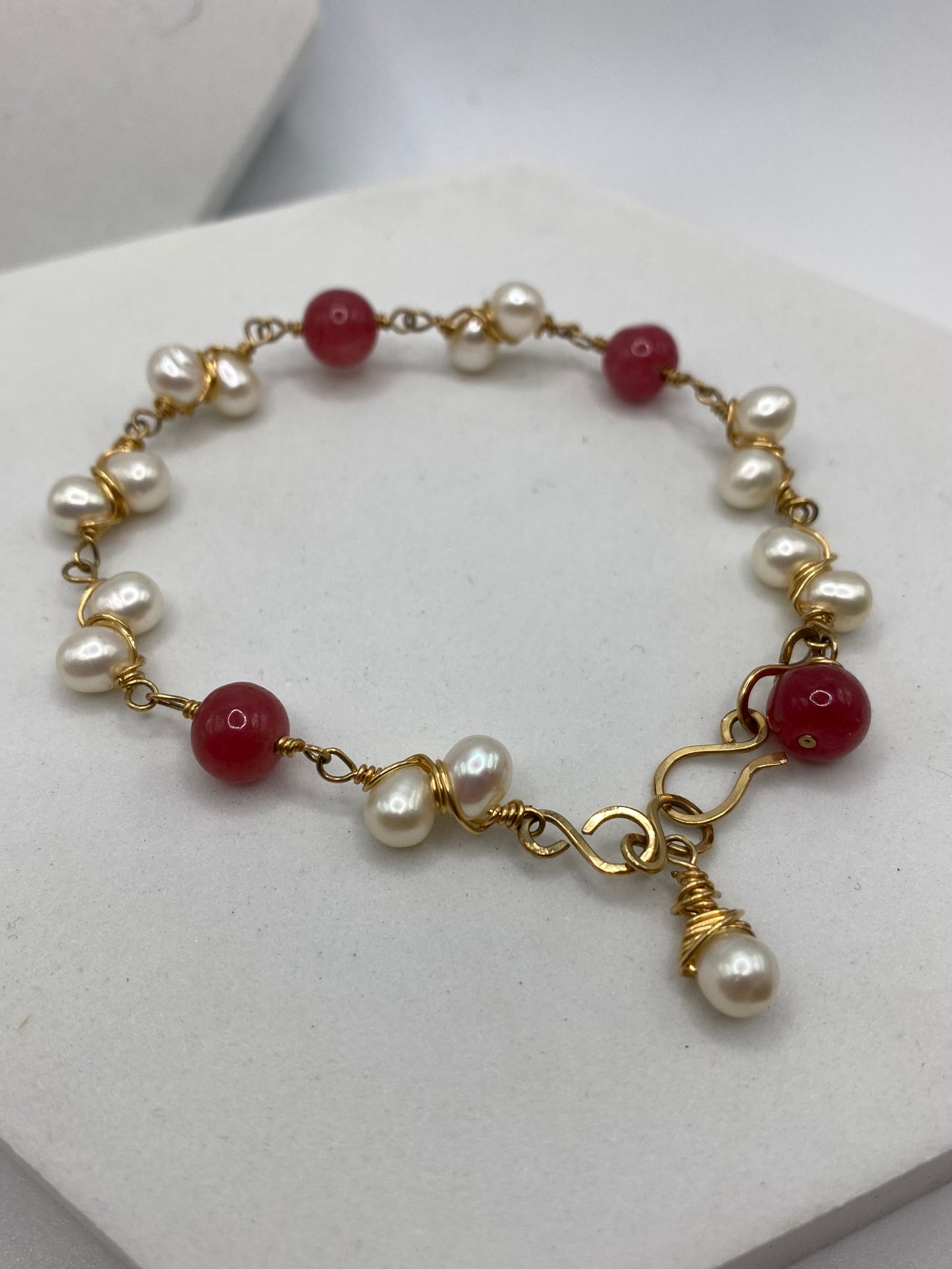 Gold Pearl & Raw Ruby Bracelet by Hip Chick Glass, Handmade Gold Fill Wire Wrap Jewelry, Handmade Gemstone Bracelet, June & July Birthstone Gift