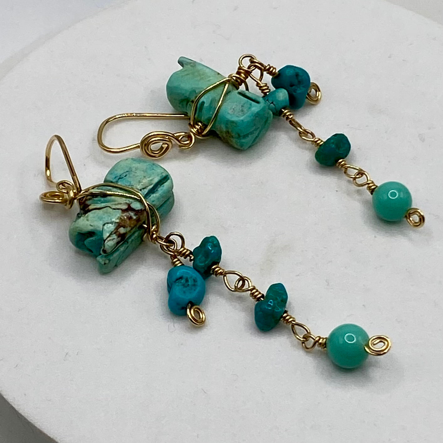Turquoise & Vintage Glass Dangle Earrings by Hip Chick Glass, Handmade Gold Fill Earrings, Handmade Gemstone Jewelry, December Birthstone Gift