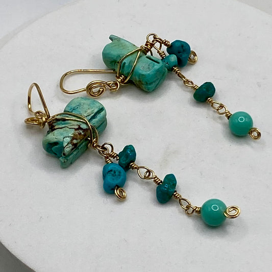 Turquoise & Vintage Glass Dangle Earrings by Hip Chick Glass, Handmade Gold Fill Earrings, Handmade Gemstone Jewelry, December Birthstone Gift