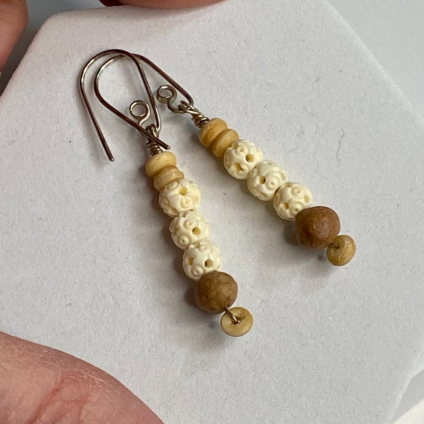 Carved Bone, Mud & Seed Bead Earrings by Hip Chick Glass, Sterling Silver Earrings, Handmade Gemstone Jewelry, Gift For Woman