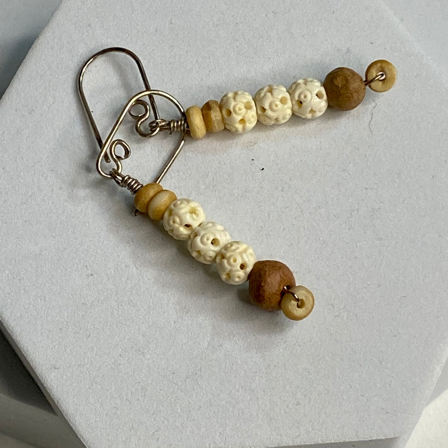 Carved Bone, Mud & Seed Bead Earrings by Hip Chick Glass, Sterling Silver Earrings, Handmade Gemstone Jewelry, Gift For Woman