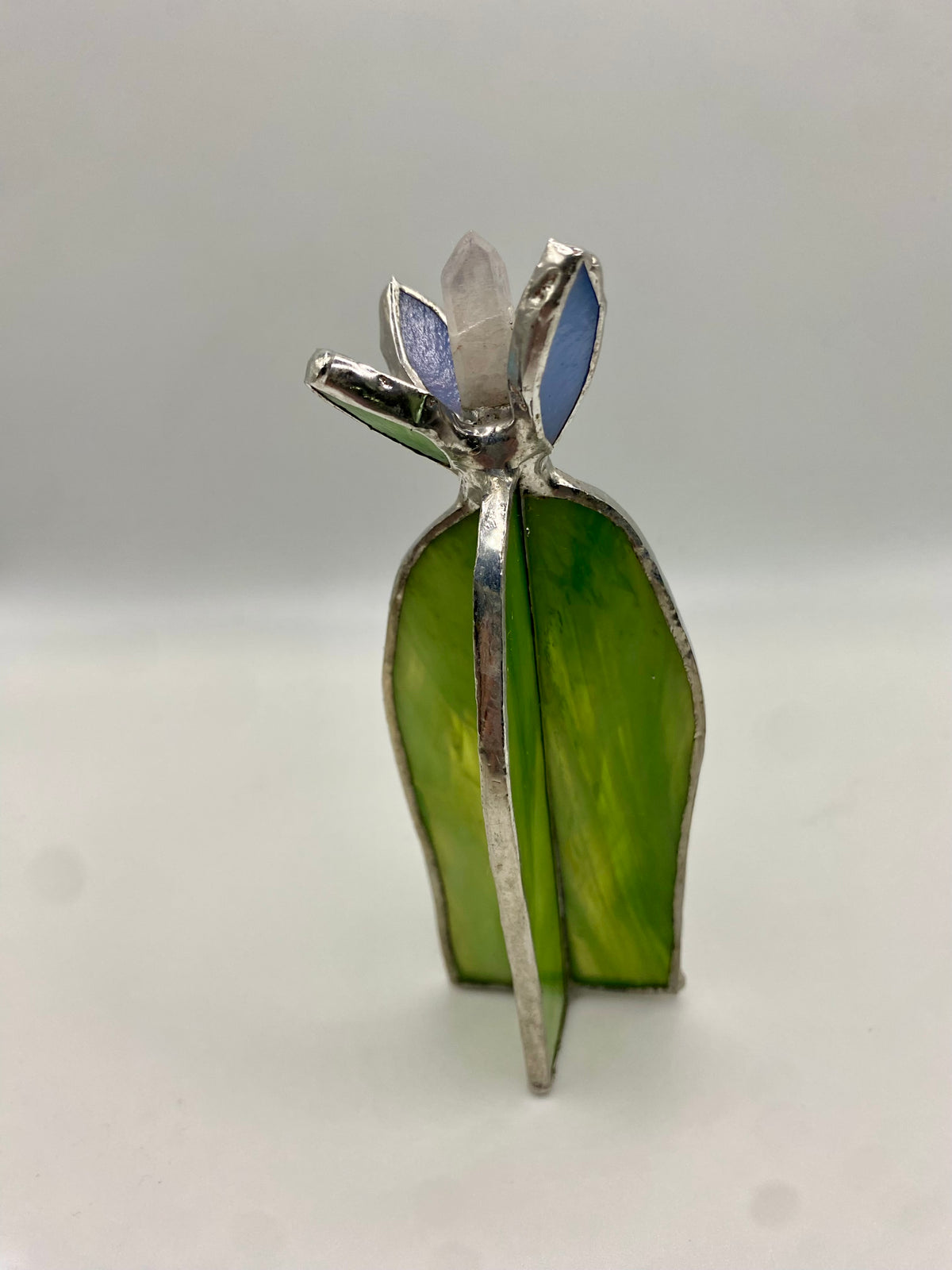 Stained Glass Cactus with Quartz Crystal Point & Flower by Hip Chick Glass, Handmade Home Decor, Tabletop Glass Cactus, Handmade Gift