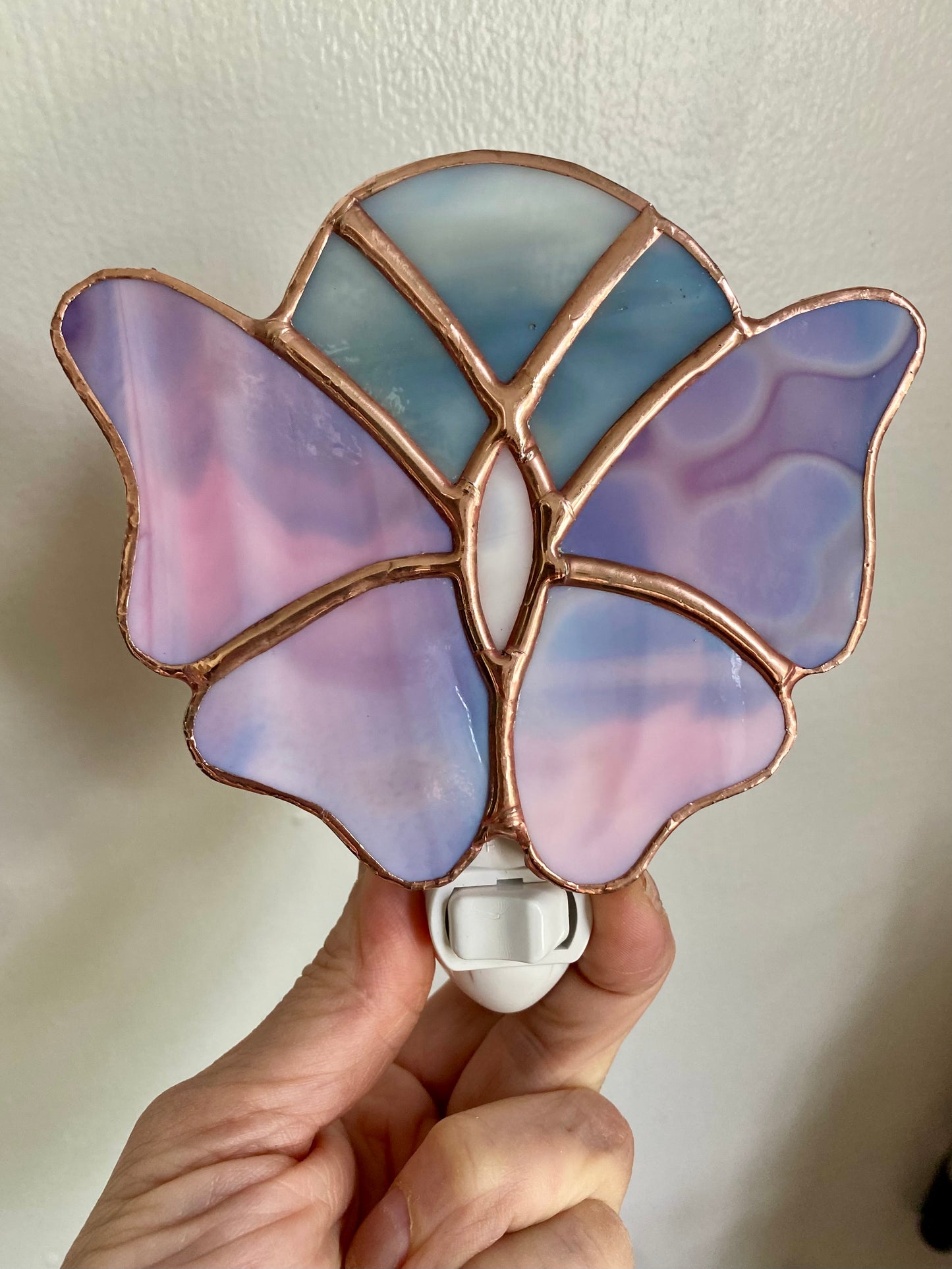Pink Butterfly Nightlight under a grey moon | Gretchen Shutt | Hip Chick Glass, LLC
