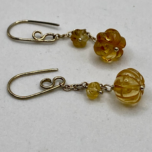 Carved Citrine Dangle Earrings by Hip Chick Glass, Sterling Silver Earrings, Handmade Gemstone Jewelry, Handmade Jewelry Gift, November Birthstone