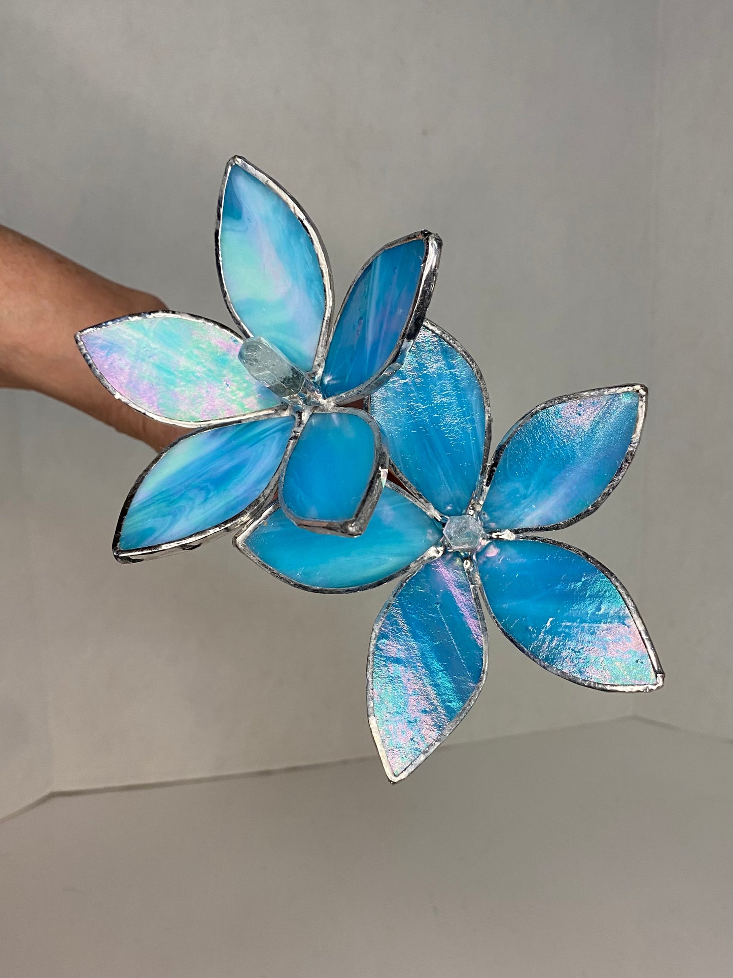 Iridescent Blue Glass Flower Plant Stakes by Hip Chick Glass, Stained Glass Flower Bouquet, Stained Glass Flower on a Stem, Handmade Home Decor, Wedding Bouquet Keepsake, Tabletop Decor