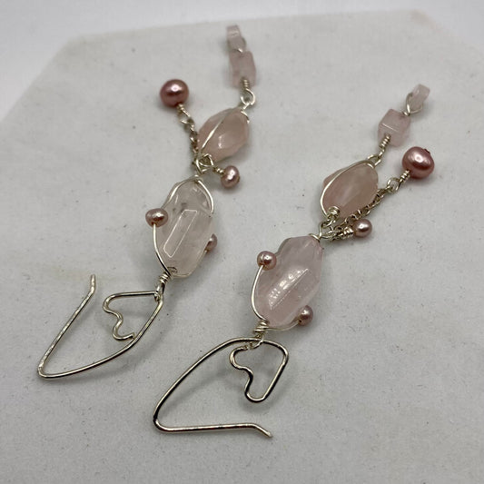 Long Rose Quartz & Pearl Dangle Earrings by Hip Chick Glass, Sterling Silver Earrings, Handmade Gemstone Jewelry, June Birthstone Gift