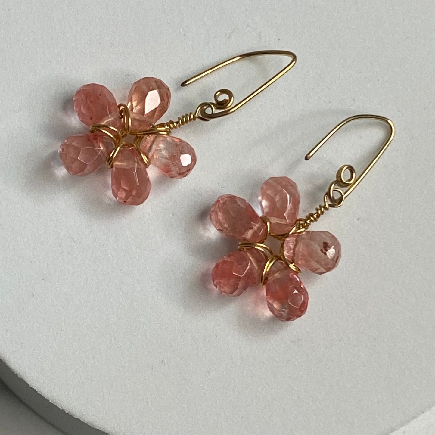 Cherry Quartz Wire Wrap Flower Earrings by Hip Chick Glass, 14 Karat Gold Fill Earrings, Handmade Gemstone Jewelry, Birthstone Gift