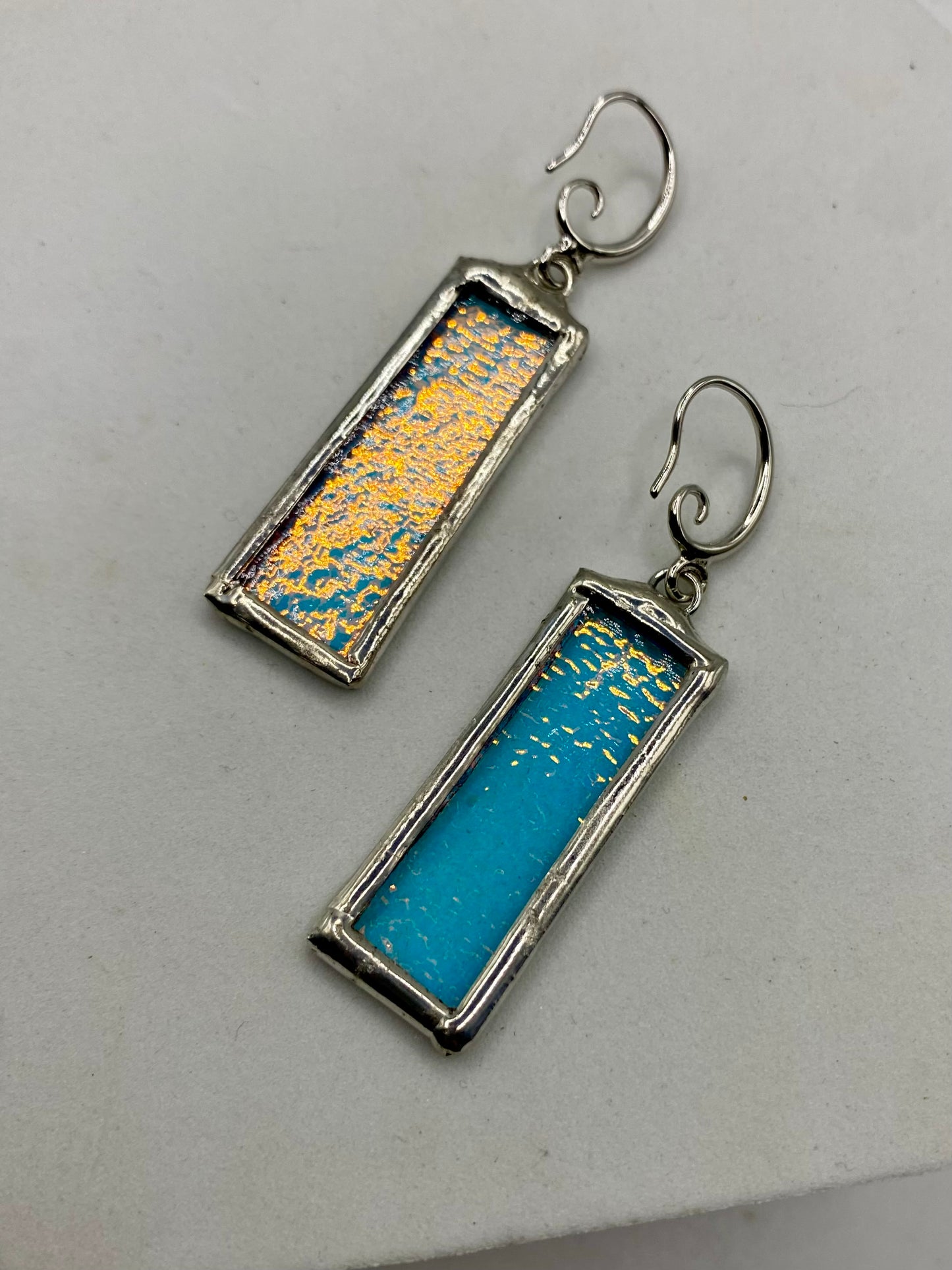 Blue & Yellow Rectangle Earrings | Stained Glass Earrings by Hip Chick Glass, Iridescent Statement Earrings, Geometric Earrings