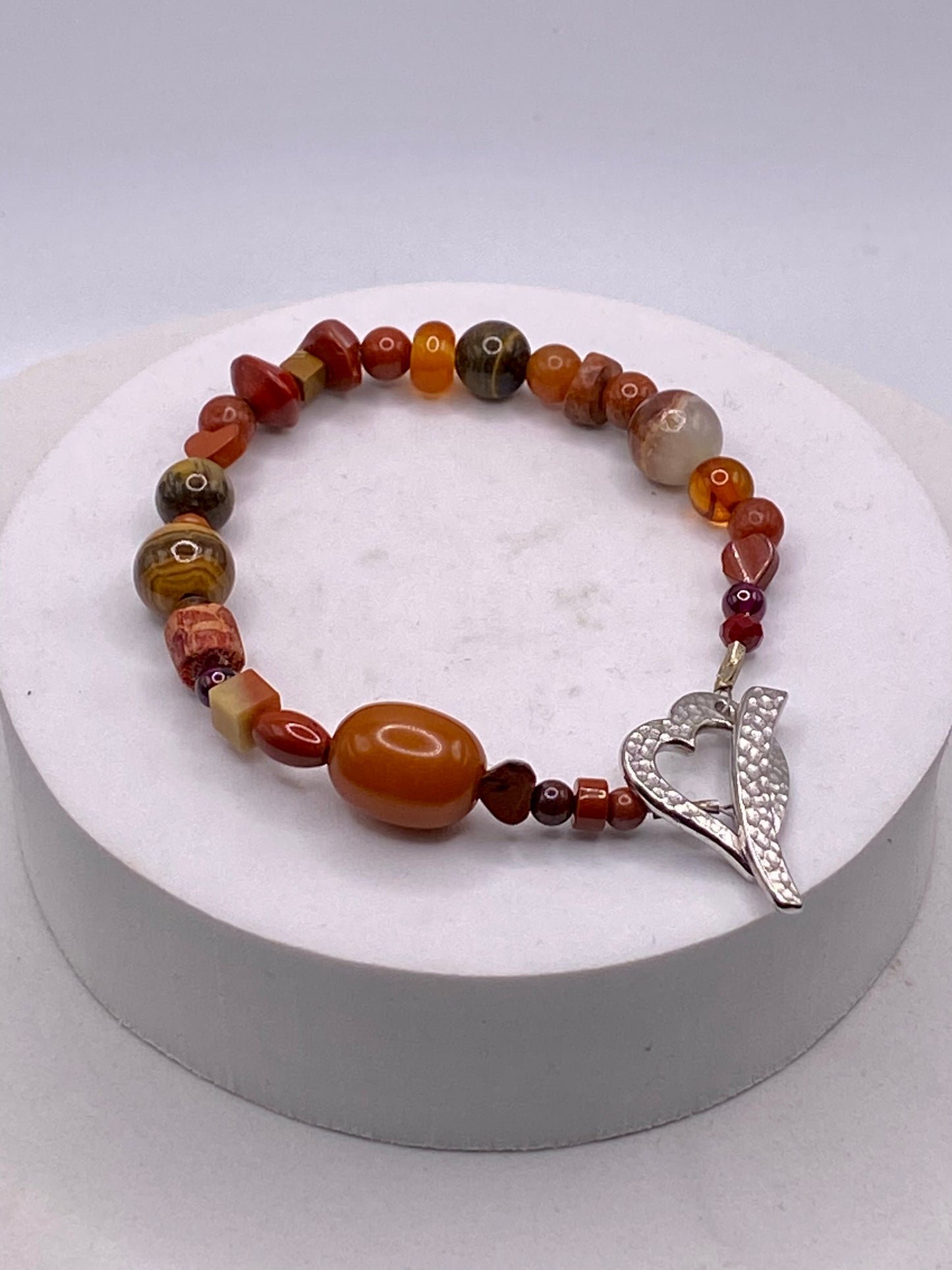 Valentines Day Bracelet with Pewter Heart Clasp & Mixed Orange Gemstones by Hip Chick Glass, Handmade Bracelet, Handmade Gemstone Bracelet, Birthstone Gift
